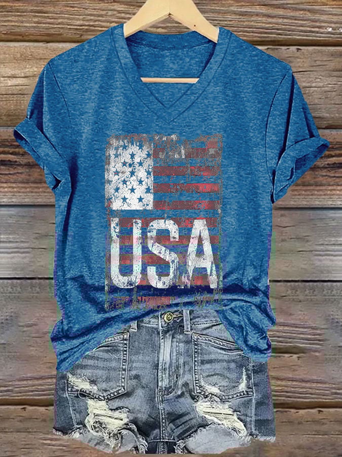 V-Neck Retro Independence Day Flag USA Print T-Shirt