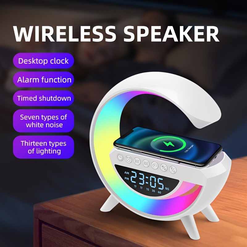 Coolest Alarm Clock Ever: Big G  Wireless Speaker 6 Kinds Of Light Mode Wireless Charging Function Compatible With IOS / Android System Black And White Clock With Timing, White Noise & More!