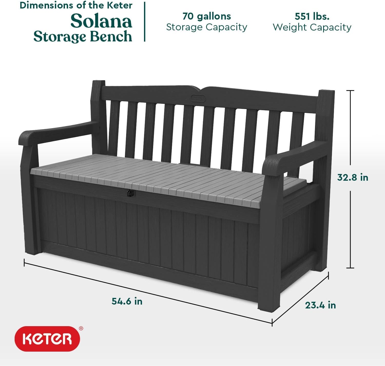 Keter Solana 70 Gallon Storage Bench Deck Box for Patio Furniture