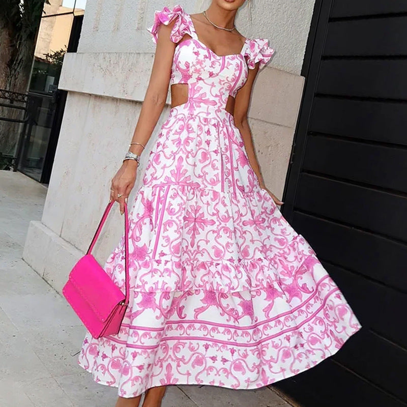 Summer Printed Hollow Length Dress with Padded Shoulders for Women