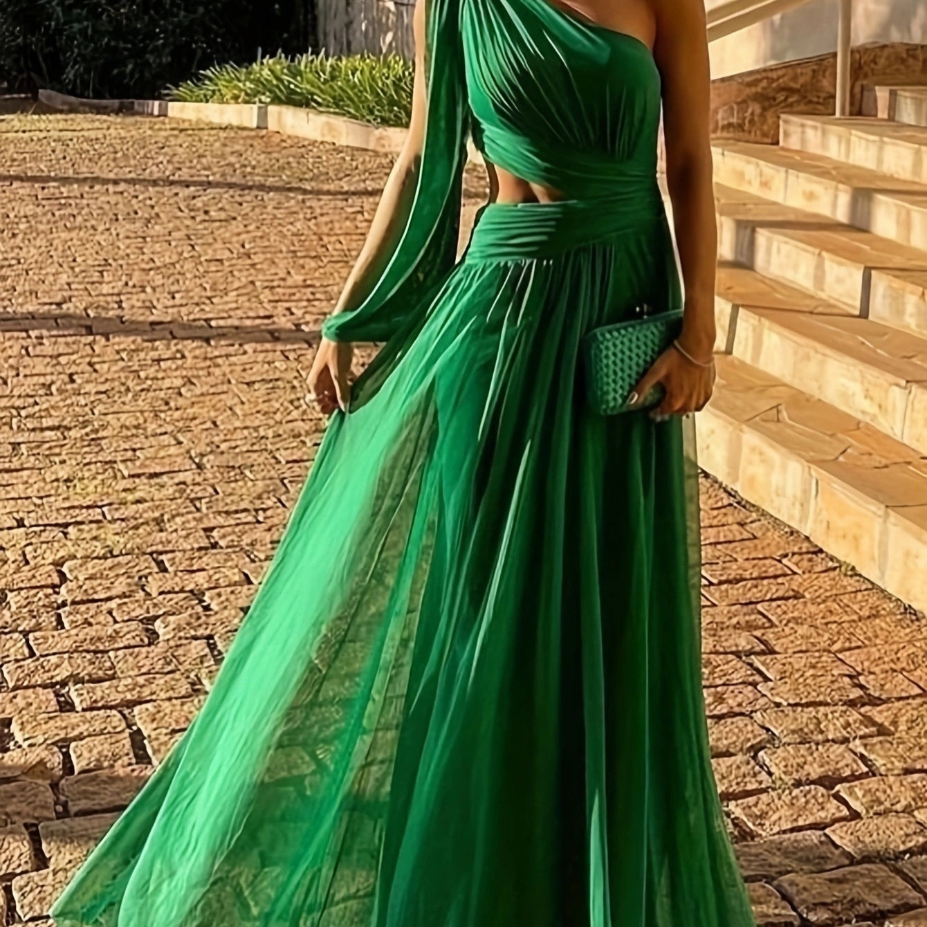 Elegant Solid Color One-Shoulder Midriff Dress for Spring and Summer – Slim Fit Long Dress