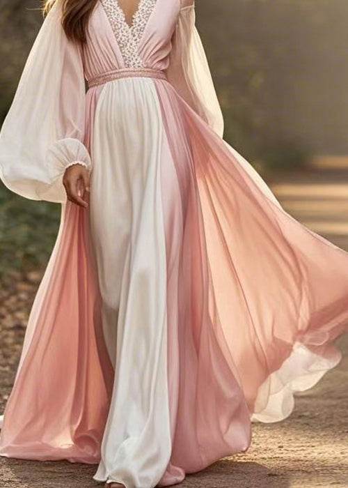 Plus Size Colorblock V Neck Patchwork Chiffon Dress Lantern Sleeve