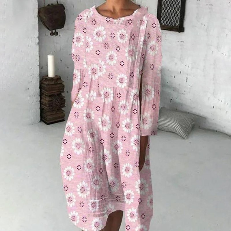 Simple Round Neck Long Sleeve Printed Midi Dress