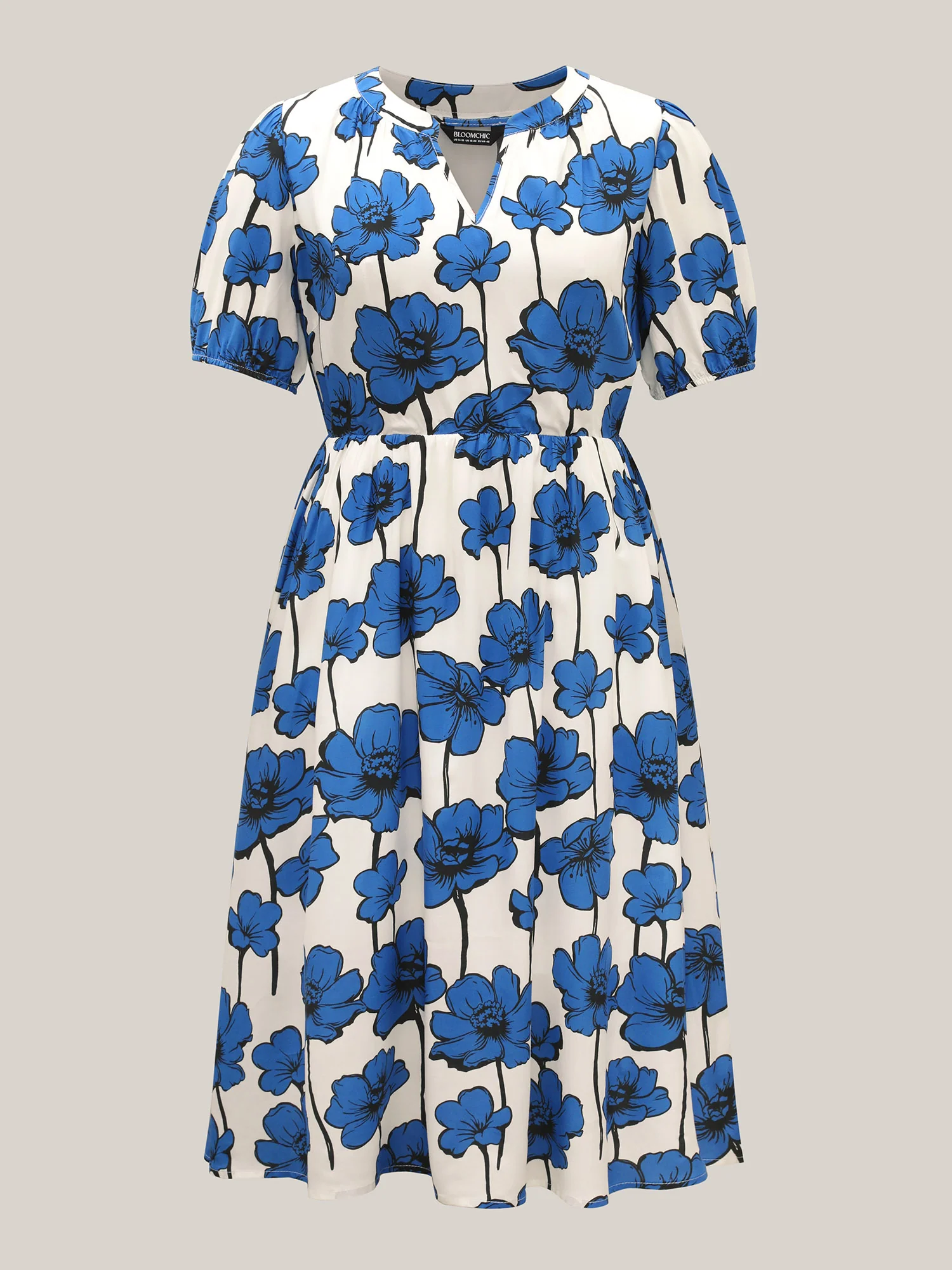 Large Floral Print Notched Collar Midi Dress