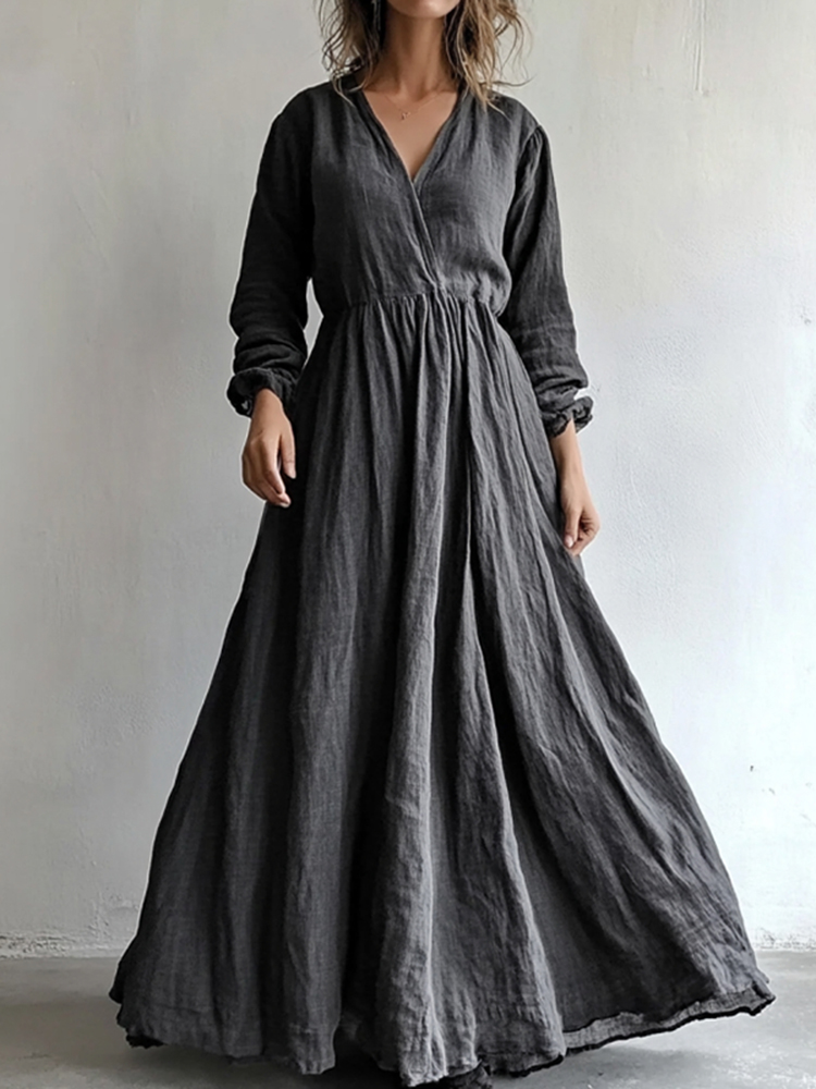 Vintage V Neck Cotton Linen Maxi Dress