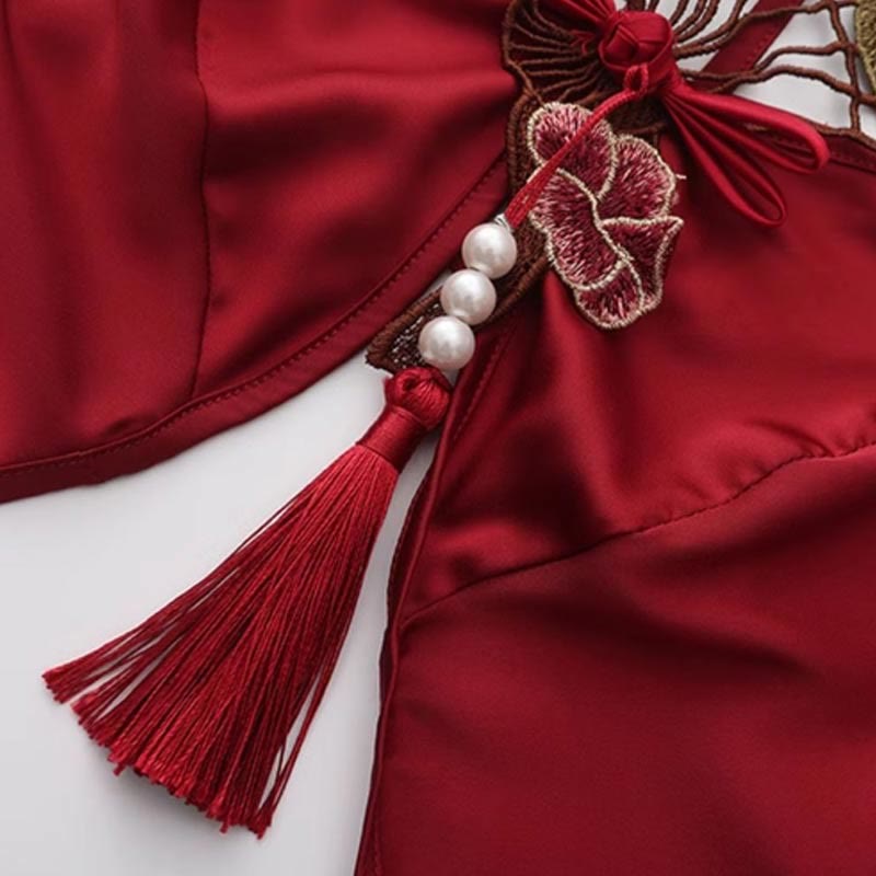 Han Costume Vintage Flower Embroidery Tassel Split Sexy Lingerie Set