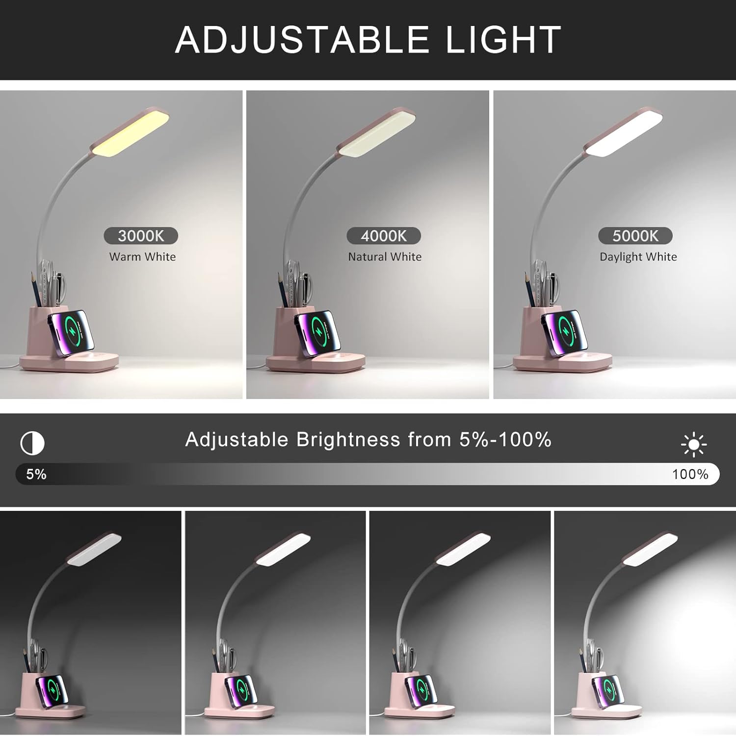 Desk Lamp with Wireless Charger, LED Desk Lamps for Home Office, 800 Lumens, Small Desk Lamp with Pen Holder, Flexible Arm, 3 Modes, Dimming, Touch Lamp for College Dorm Room