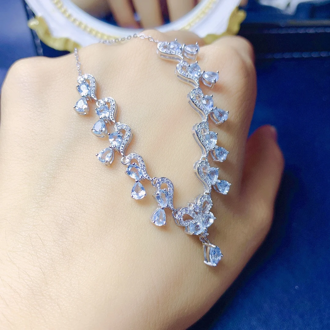 Fashion Necklace Ladies Silver 925 Jewelry Drop shaped natural aquamarine pendant Neckpiece Engagement wholesale luxury jewelry