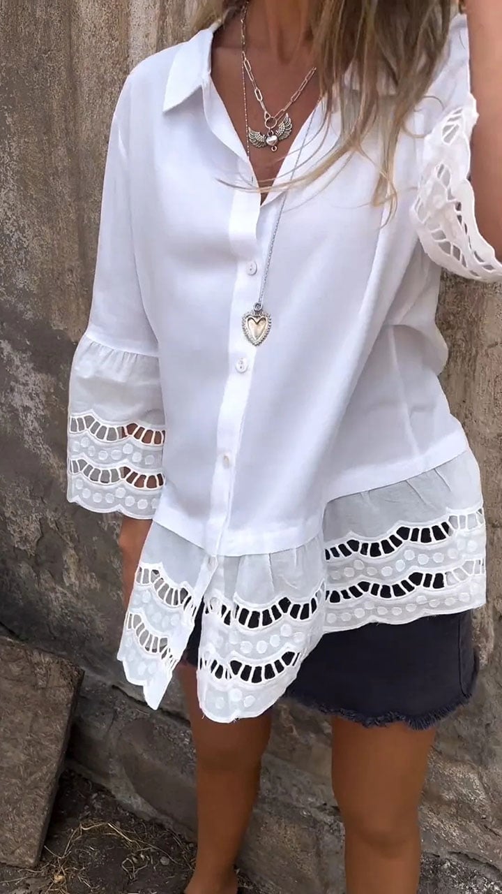 Mid-sleeve Shirt with Hollow Patchwork Design (Buy 2 Free Shipping)
