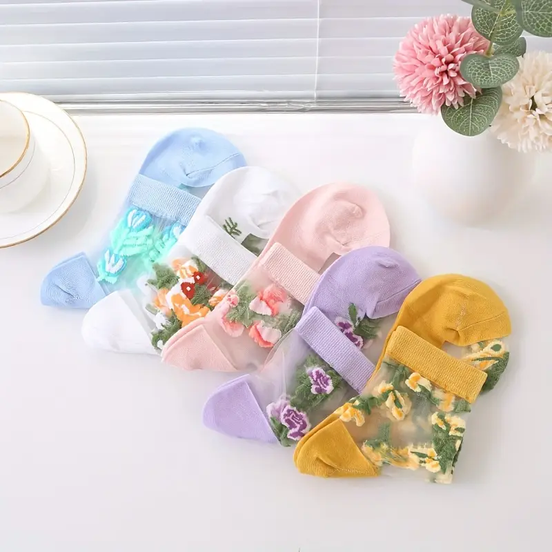( Last Day Promotions-50% OFF) 5pairs/Set Floral Embroidery Lace Ankle Socks--Size Fit ALL Ldies and Girls