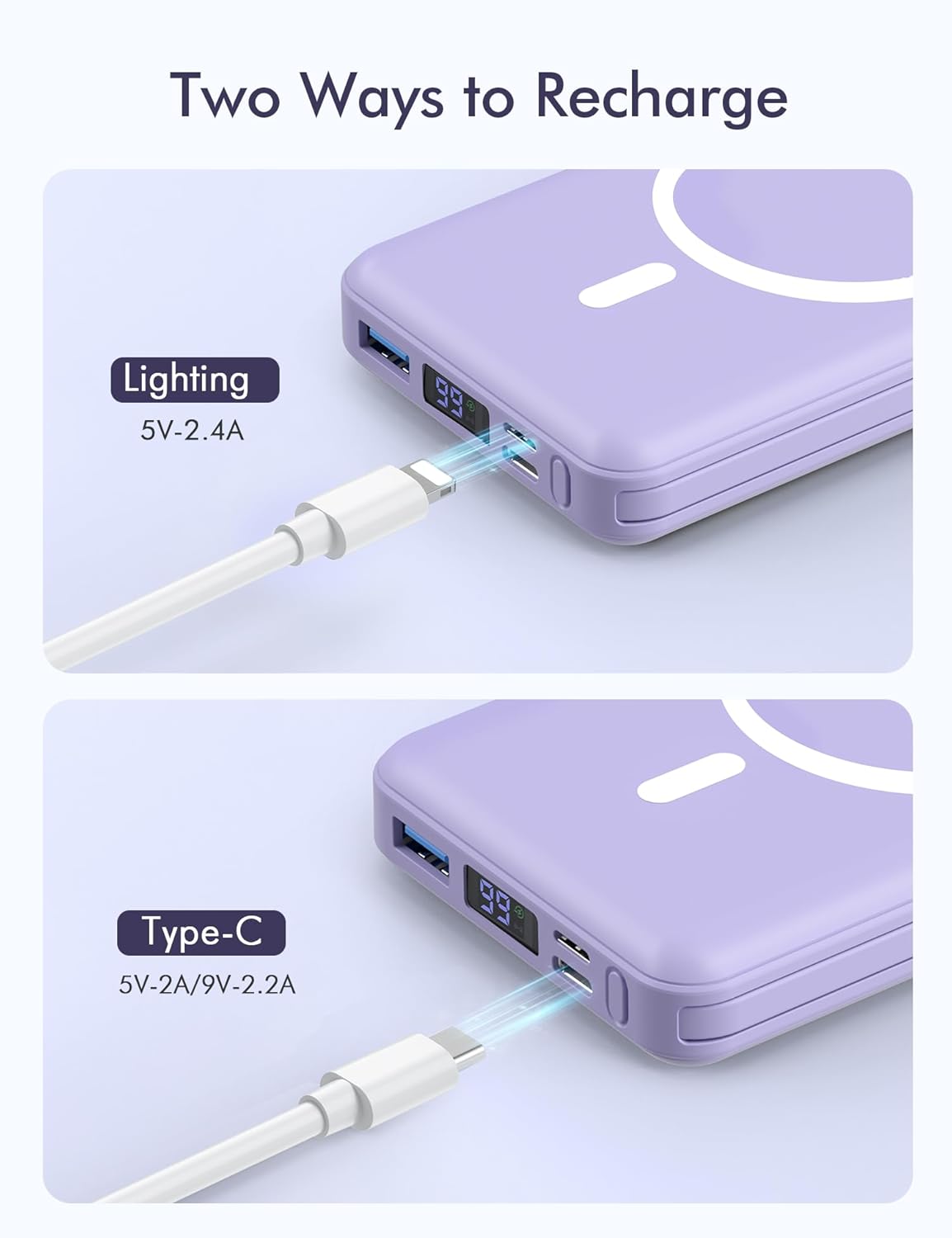 podoru Wireless Portable Charger, 10000mAh Magnetic Power Bank Built-in USB-C Lighting Cables 22.5W PD Fast Charging LED Display Mag-Safe Battery Pack for iPhone 15/14/13/12/Mini/Pro/Pro Max - White