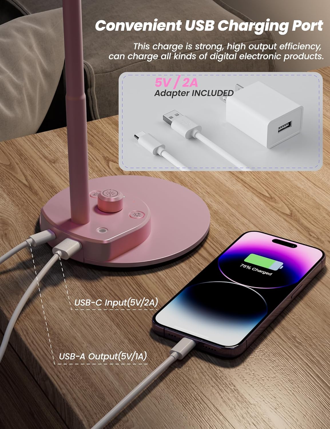BOHON LED Desk Lamp with USB Charging Port 3 Color Modes Dimmable Reading Light Intelligent Induction Auto Dimming Task Lamp Flexible Gooseneck Table Lamp for Bedside Office, AC Adapter Include