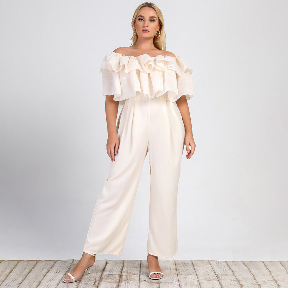 Plus Size Women Clothing Summer New Lotus Edge off-Shoulder Solid Straight-Leg Office Casual Pants Jumpsuit