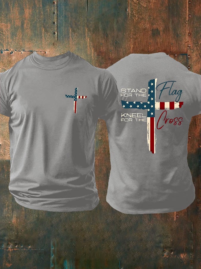 🔥Hot Sale Picks 🔥Men's Stand For The Flag Kneel For The Cross Printed Casual T-Shirt