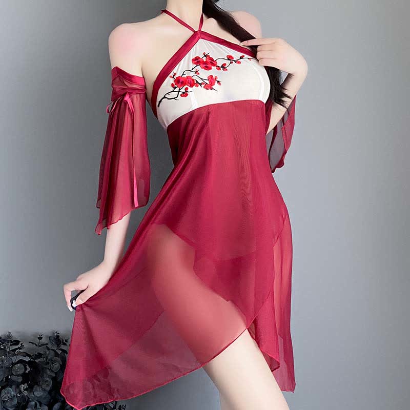 Blossom Embroidery See Through Halter Cheongsam Dress Lingerie