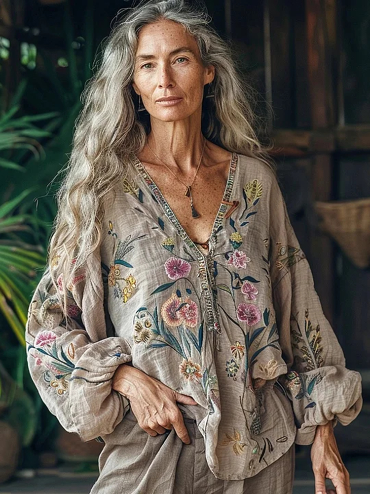 Bohemian Floral Linen Art Print Long Sleeve V-neck Shirt