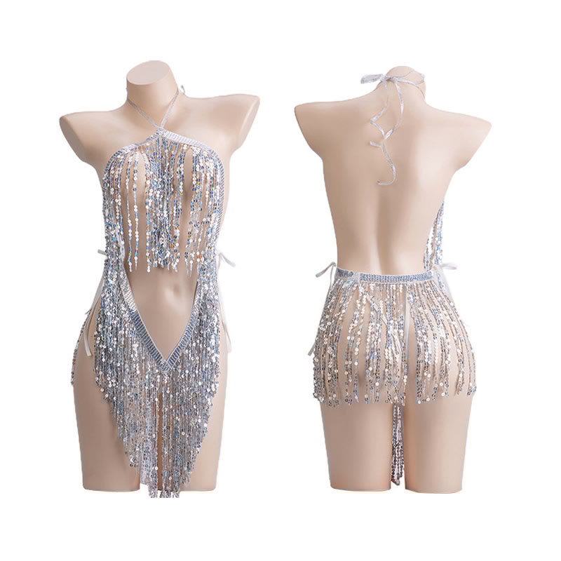 Sexy Lace-up Sequins Hollow See-through Dress Lingerie