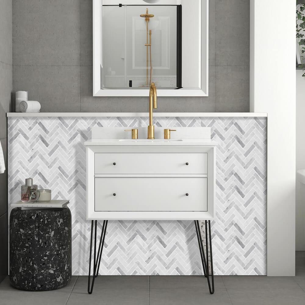 White Marble Herringbone Backsplash Peel and Stick Tile - Thicker Design
