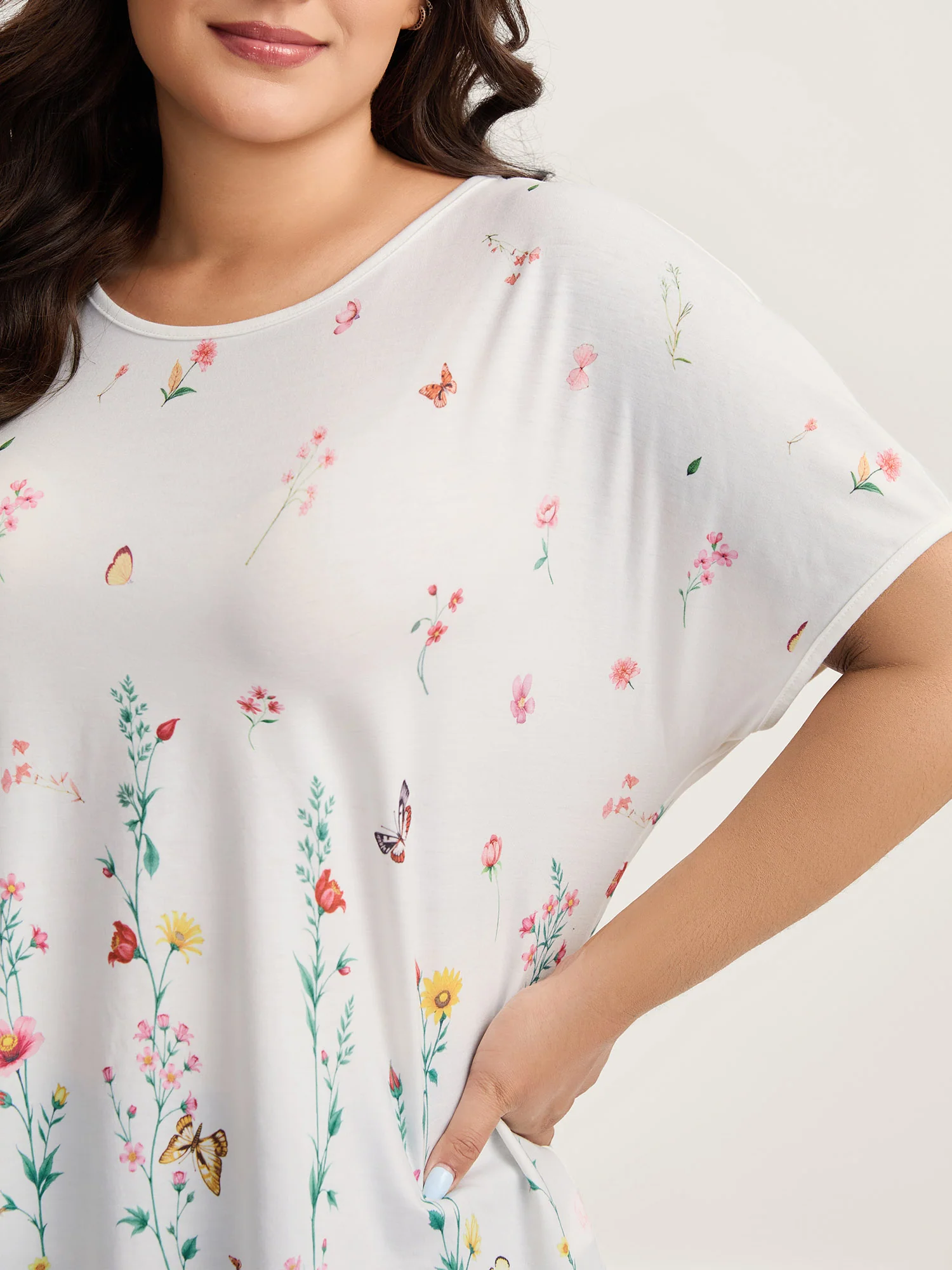 Stretchy Floral Print Round Neck T-Shirt