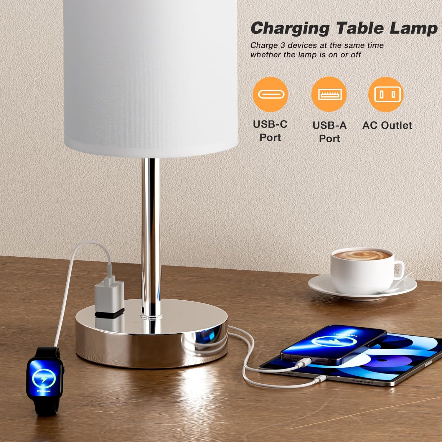 Bedside Table Lamp for Bedroom - 3 Way Dimmable Touch Lamp USB C Charging Ports and AC Outlet, Small Lamp Wood Base Round Flaxen Fabric Shade for Living Room, Desk, LED Bulb Included