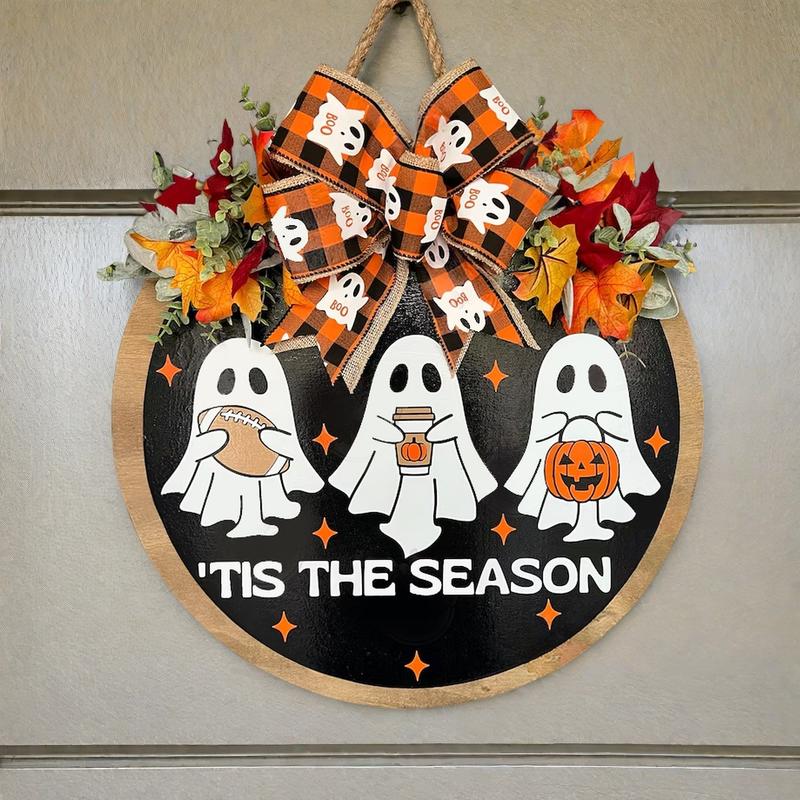 🎃 Halloween Ghost Wreath for Front Door – Happy Halloween Sign with Fall Maple Leaves & Autumn Football Accents – Perfect Porch & Home Decor