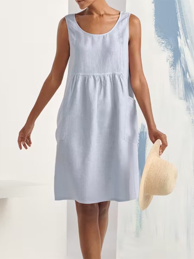 Cotton Linen Round Neck Sleeveless Pocket Simple Dress