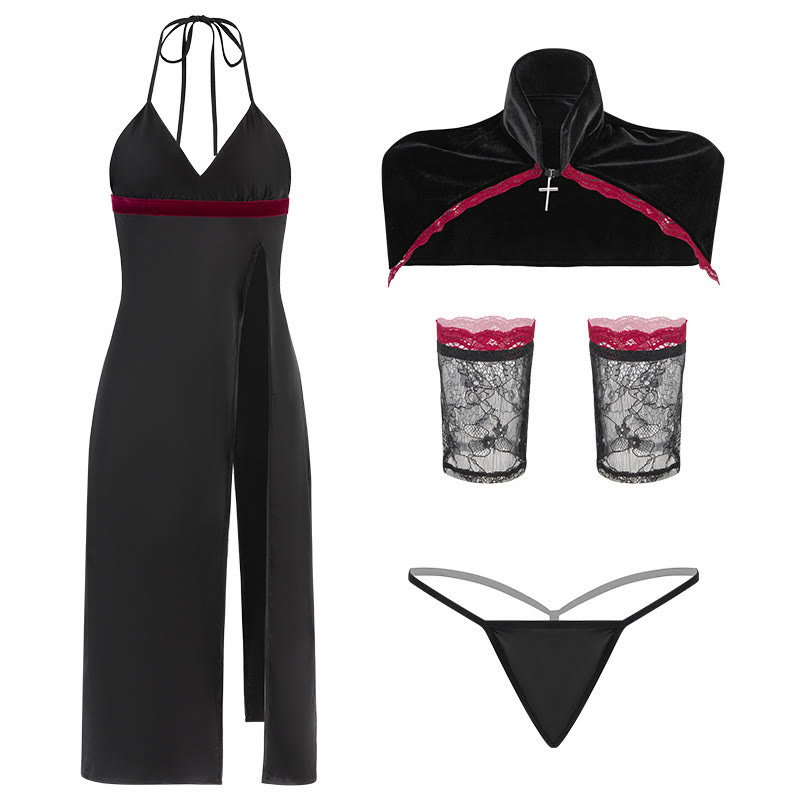 Deep V-neck Slit Lingerie Dress Set