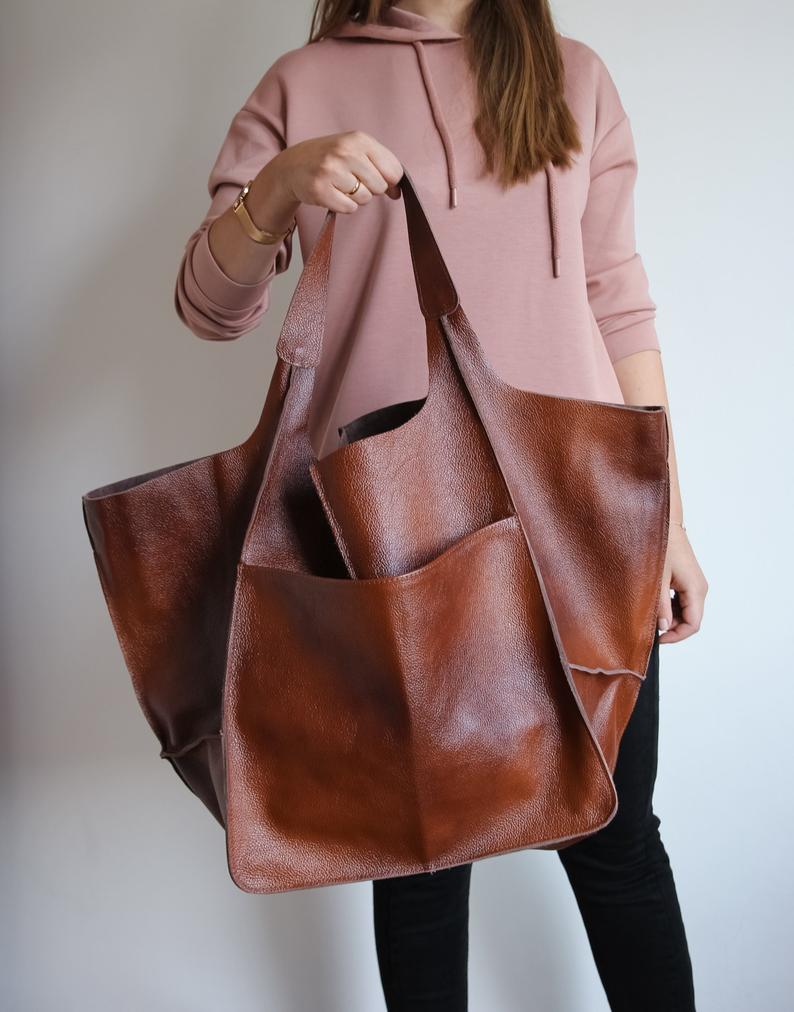 COGNAC LEATHER TOTE bag, Slouchy Tote, Cognac Handbag for Women, Every Day Bag, Women leather bag, Weekender Oversized bag