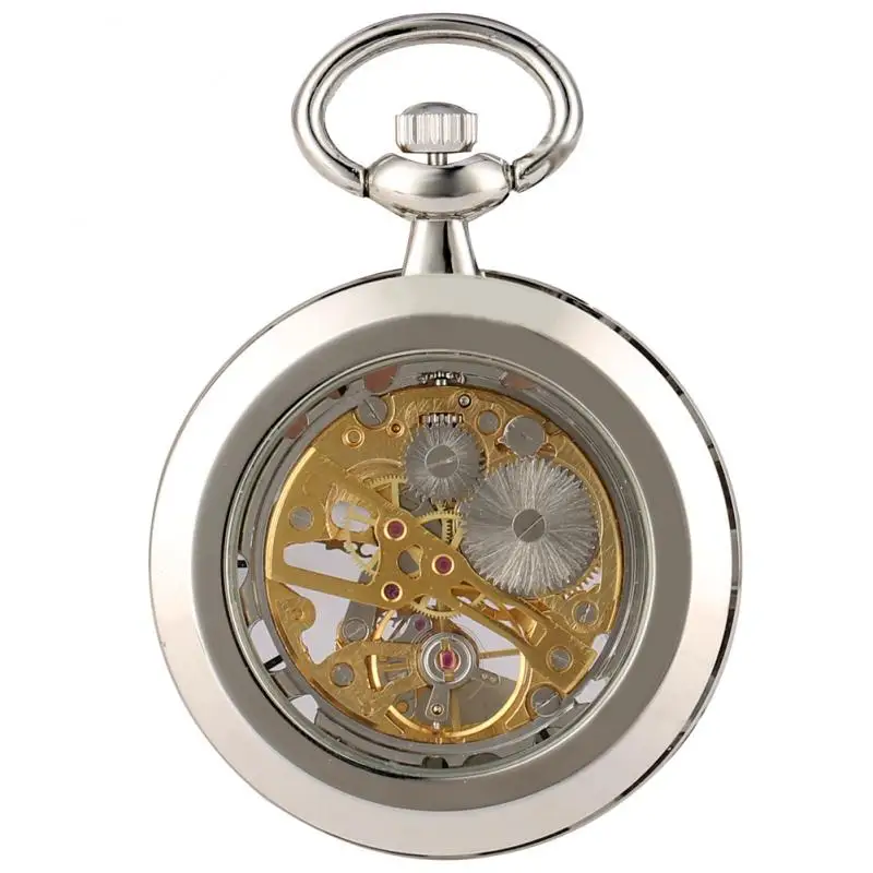 Silver Hand-winding Mechanical Pocket Watch Open Face Skeleton Timepiece Men Women Collectable Clock with Pendant Chain reloj