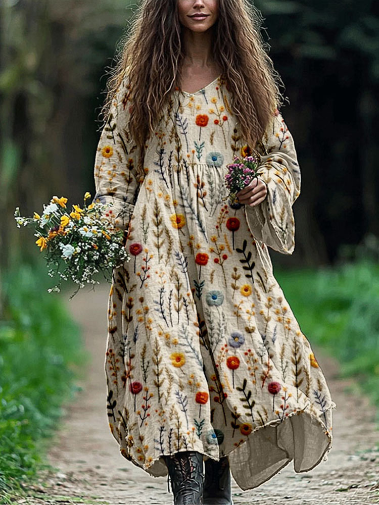 Vintage Boho Flowers Embroidered Linen Blend Maxi Dress