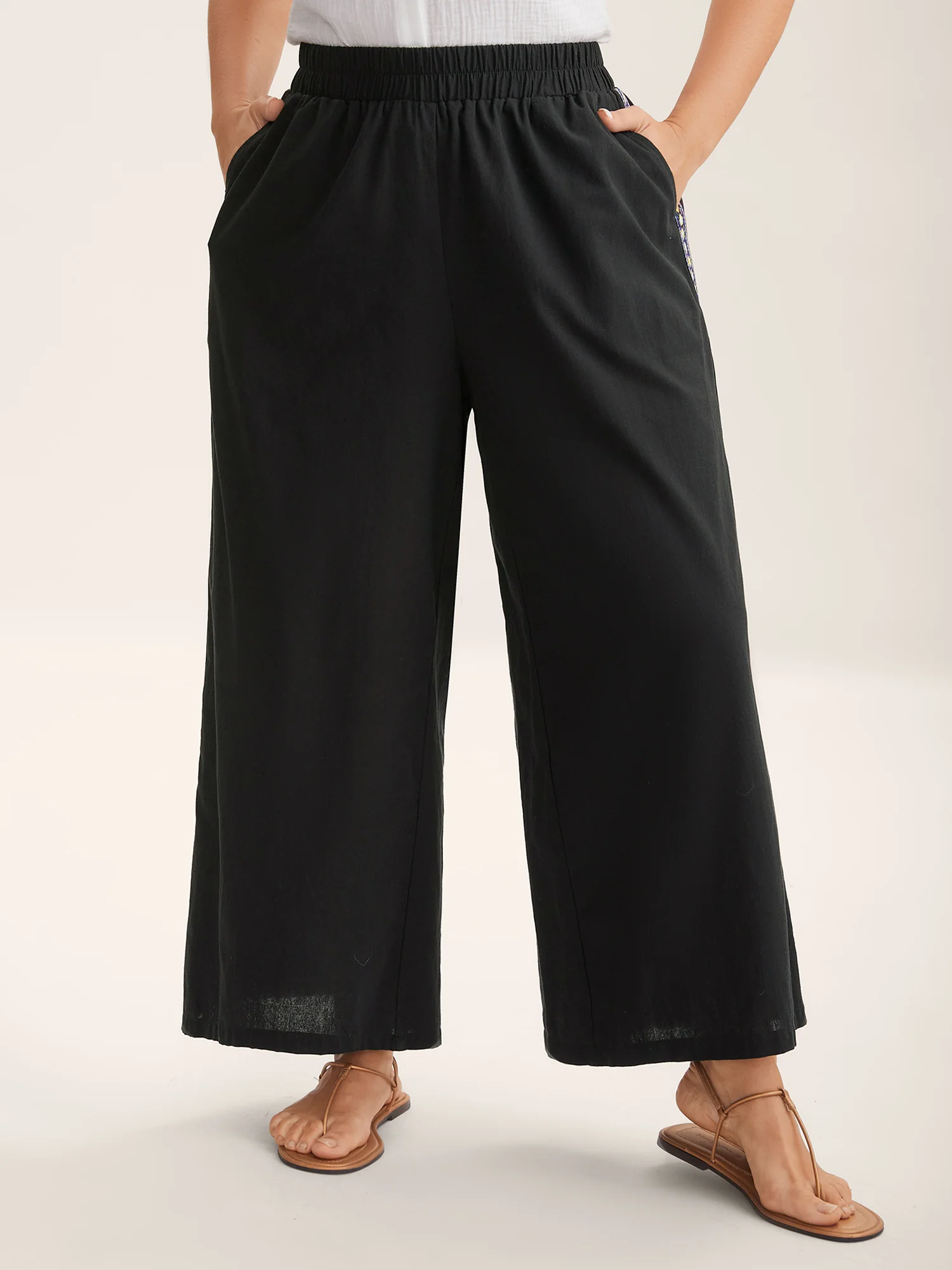 Lace Detail Solid Straight-Leg Pants