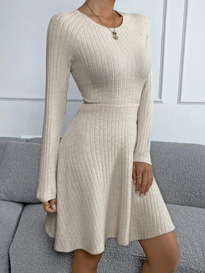 New Fall Women's Slim-Fit Long Sleeve Fleece Dress with Sunken Stripes
