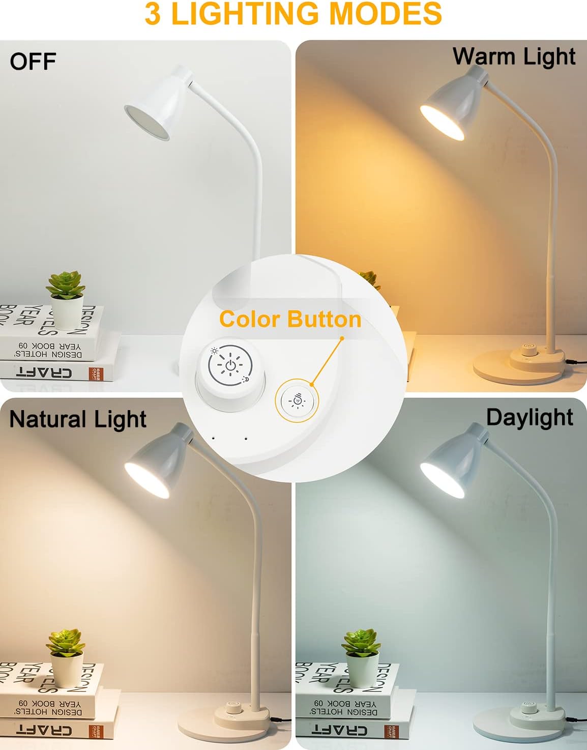 BOHON LED Desk Lamp with USB Charging Port 3 Color Modes Dimmable Reading Light Intelligent Induction Auto Dimming Task Lamp Flexible Gooseneck Table Lamp for Bedside Office, AC Adapter Include