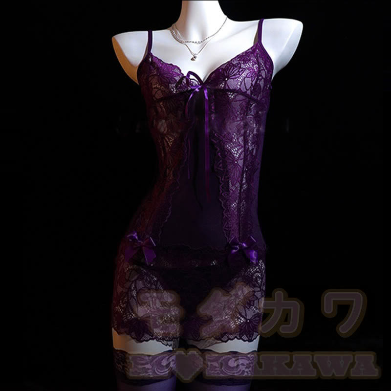 Lace Lace-up See-through Lingerie Dress With Stockings