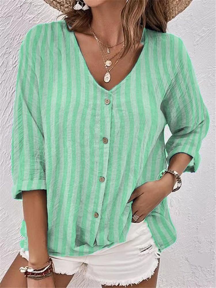 Women's casual cotton and linen striped long-sleeved shirt