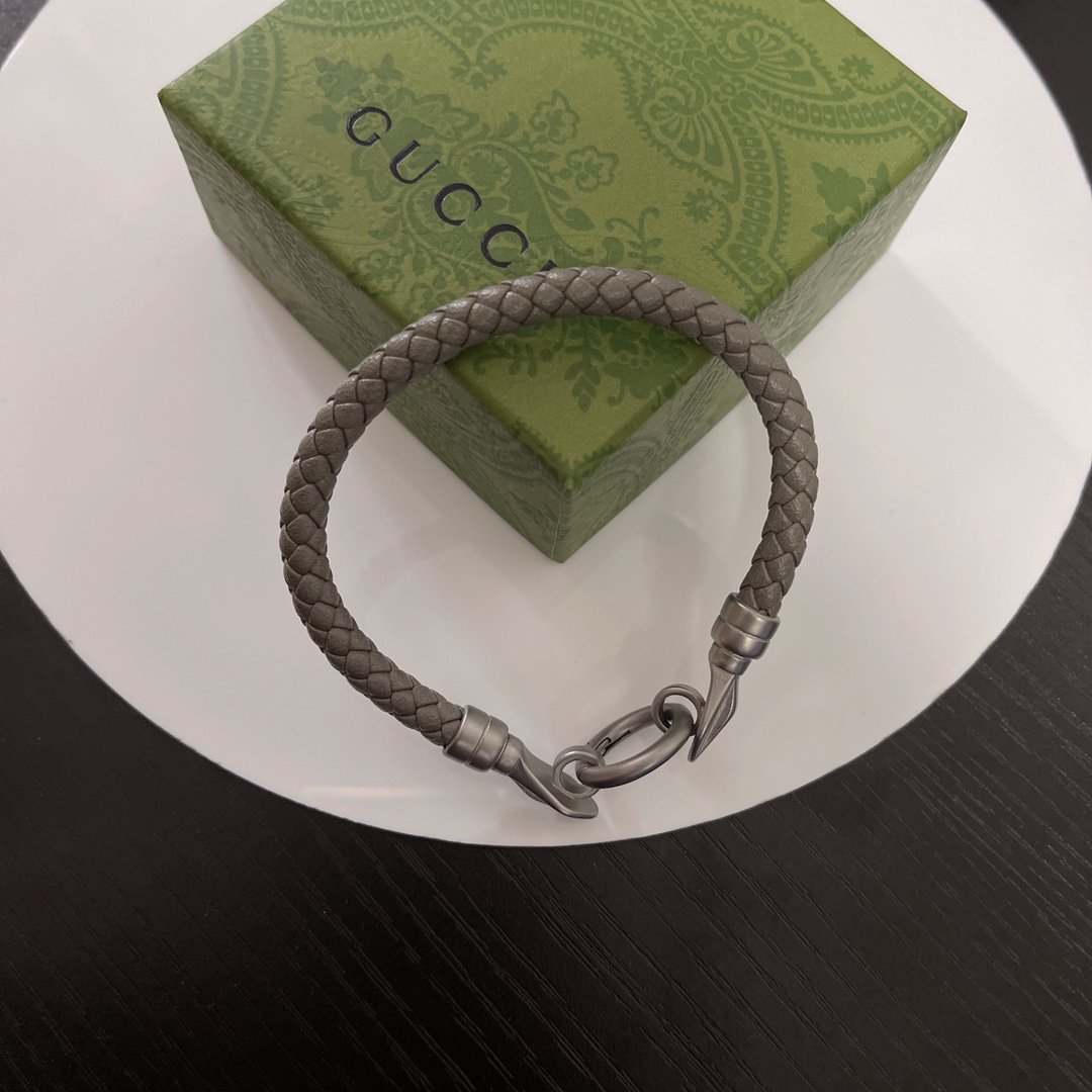 Gucci Grey Braided Leather Bracelet