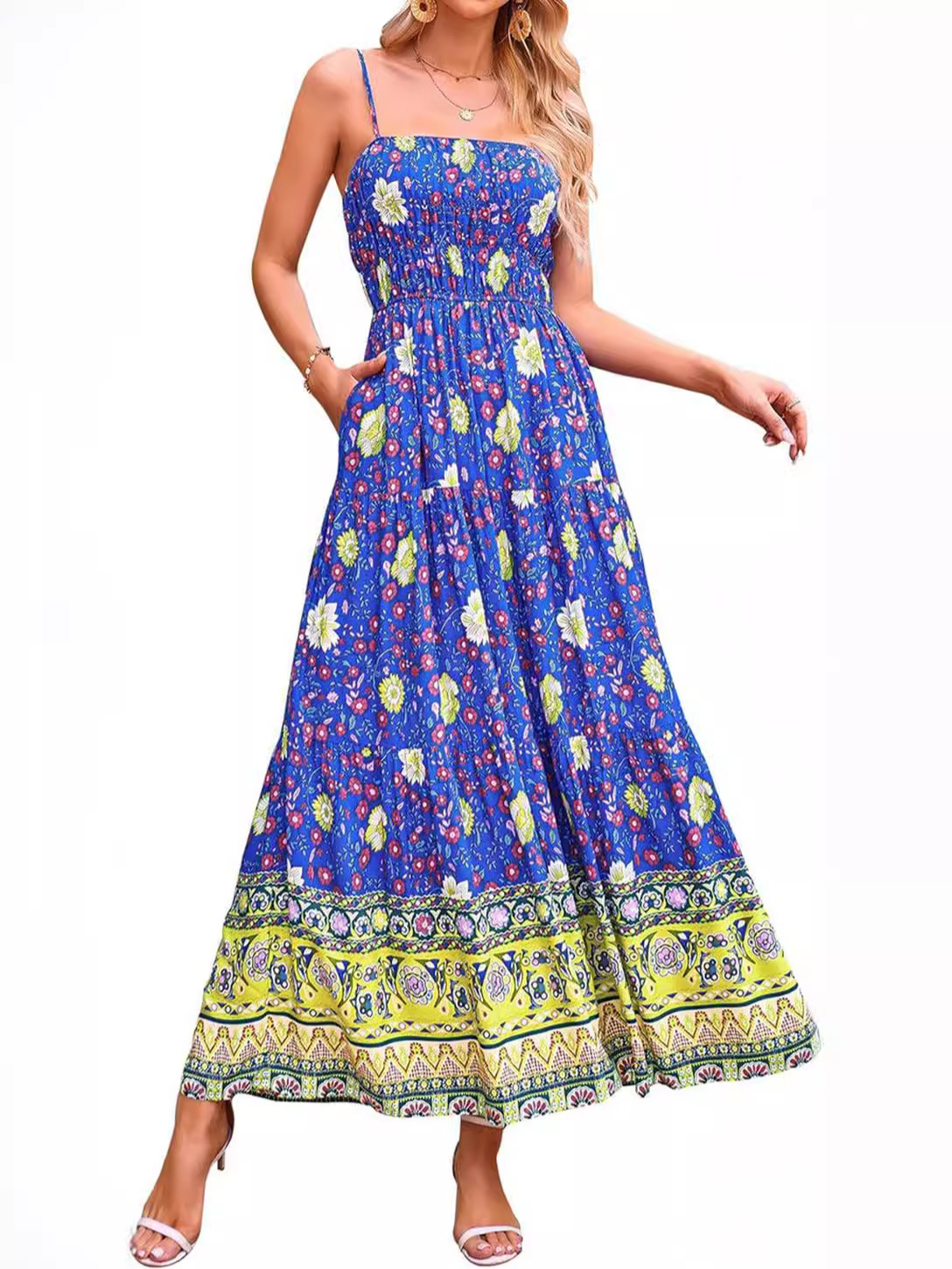 Blue and green Retro Floral Bohemian dress with adjustable shoulder straps