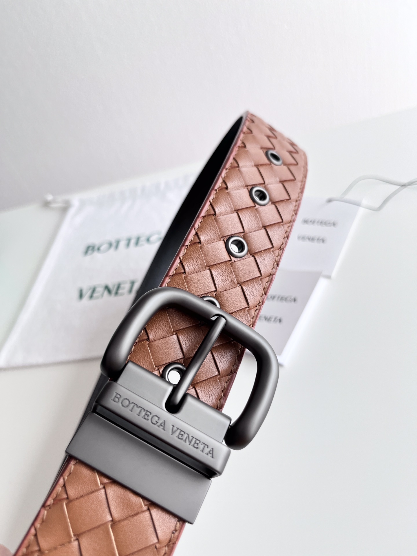 Bottega Veneta frosted pin buckle woven cowhide double-sided belt 4.0cm wide