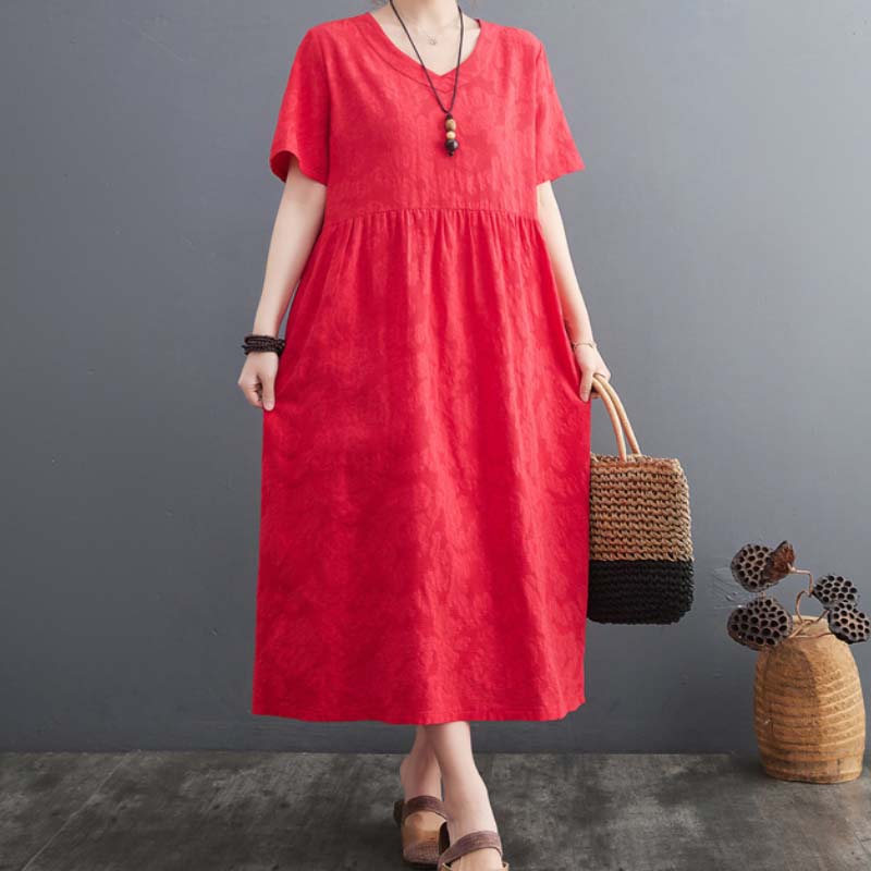 Loose Short Sleeve Jacquard V Neck Midi Dress