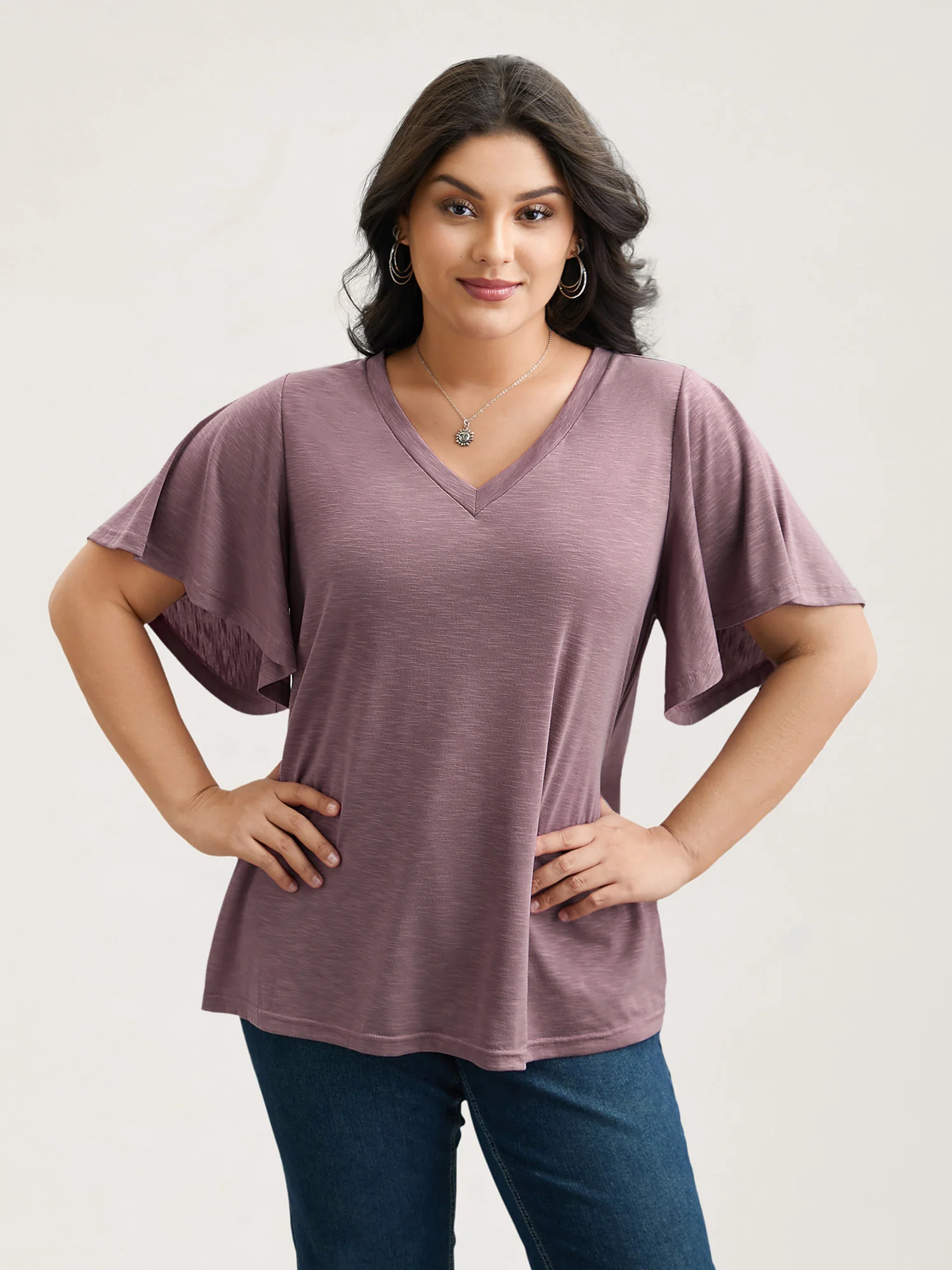 V-Neck Stretchy Flared Sleeve T-Shirt