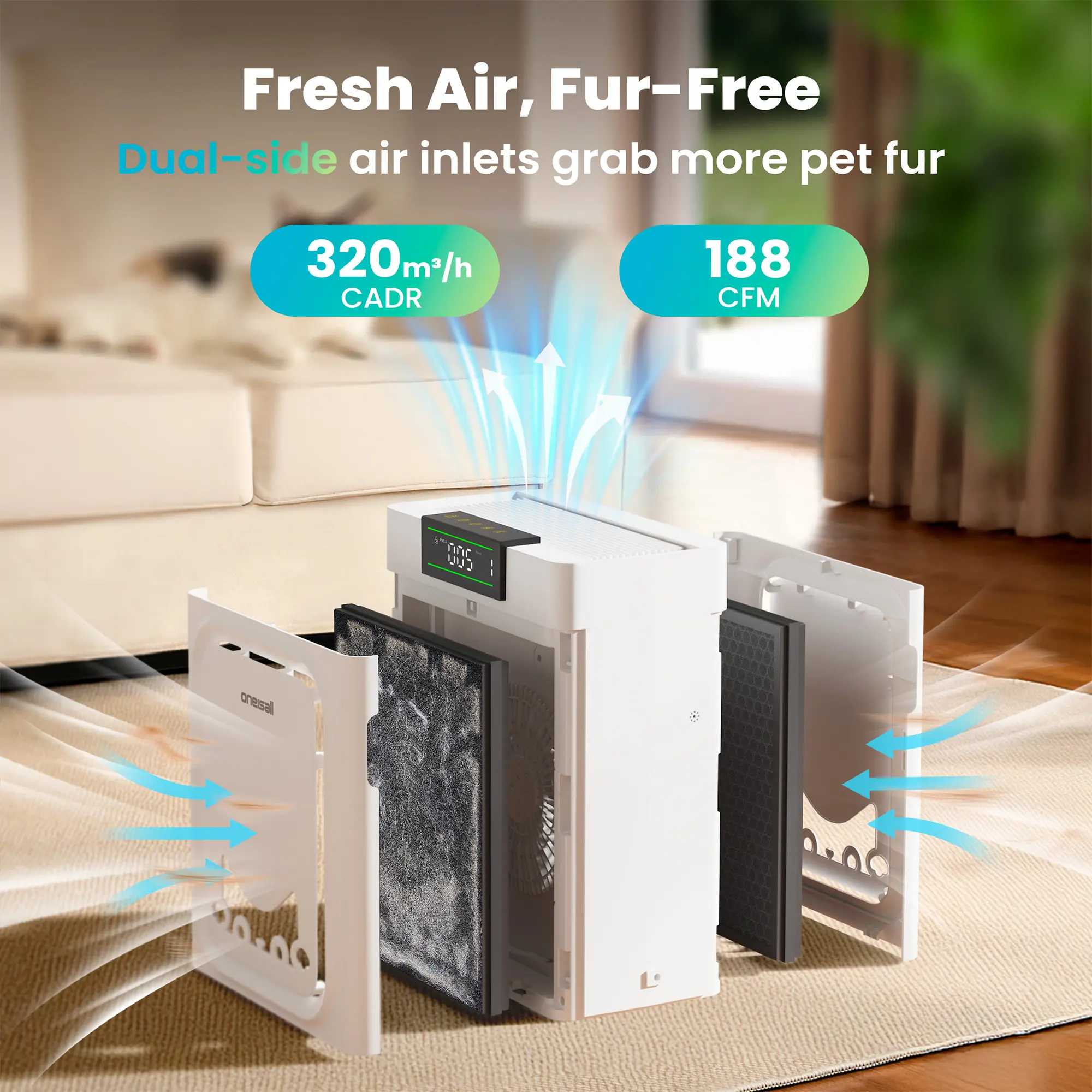 Air Purifiers for Home Pets 3-in-1 Washable HEPA Filter  Dual-Sided Filter with 200g Activated Carbon Pet-Friendly Design Allergen Relief Odor Removal