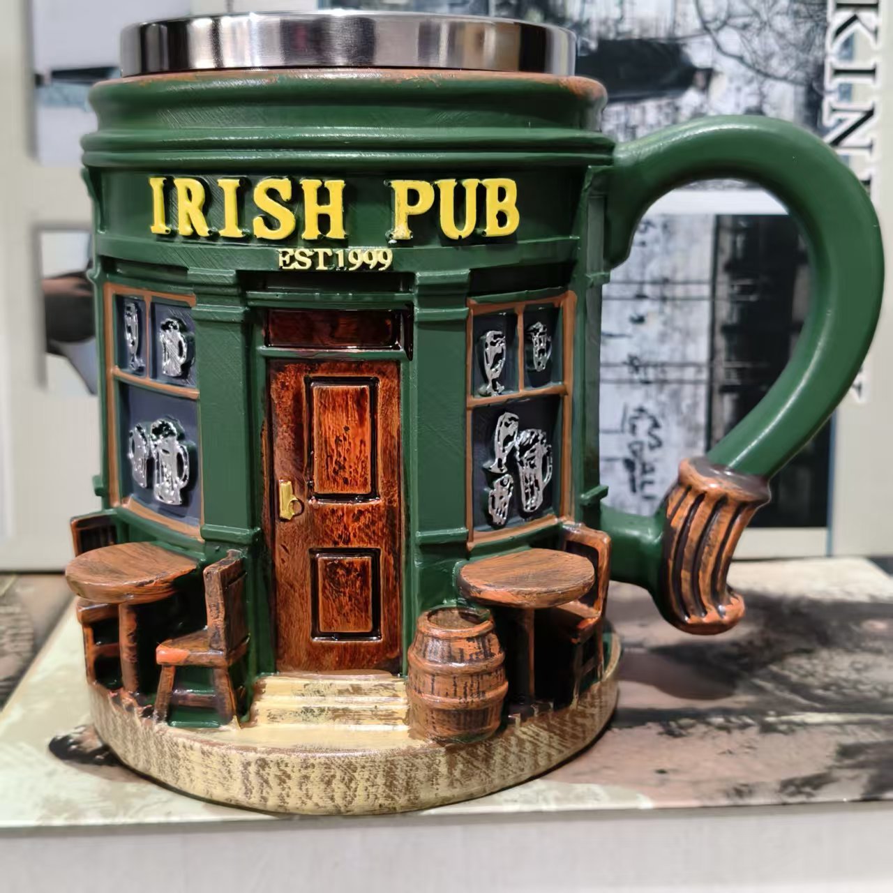 Irish pub-style resin and stainless steel mug, home decor craft ornament.