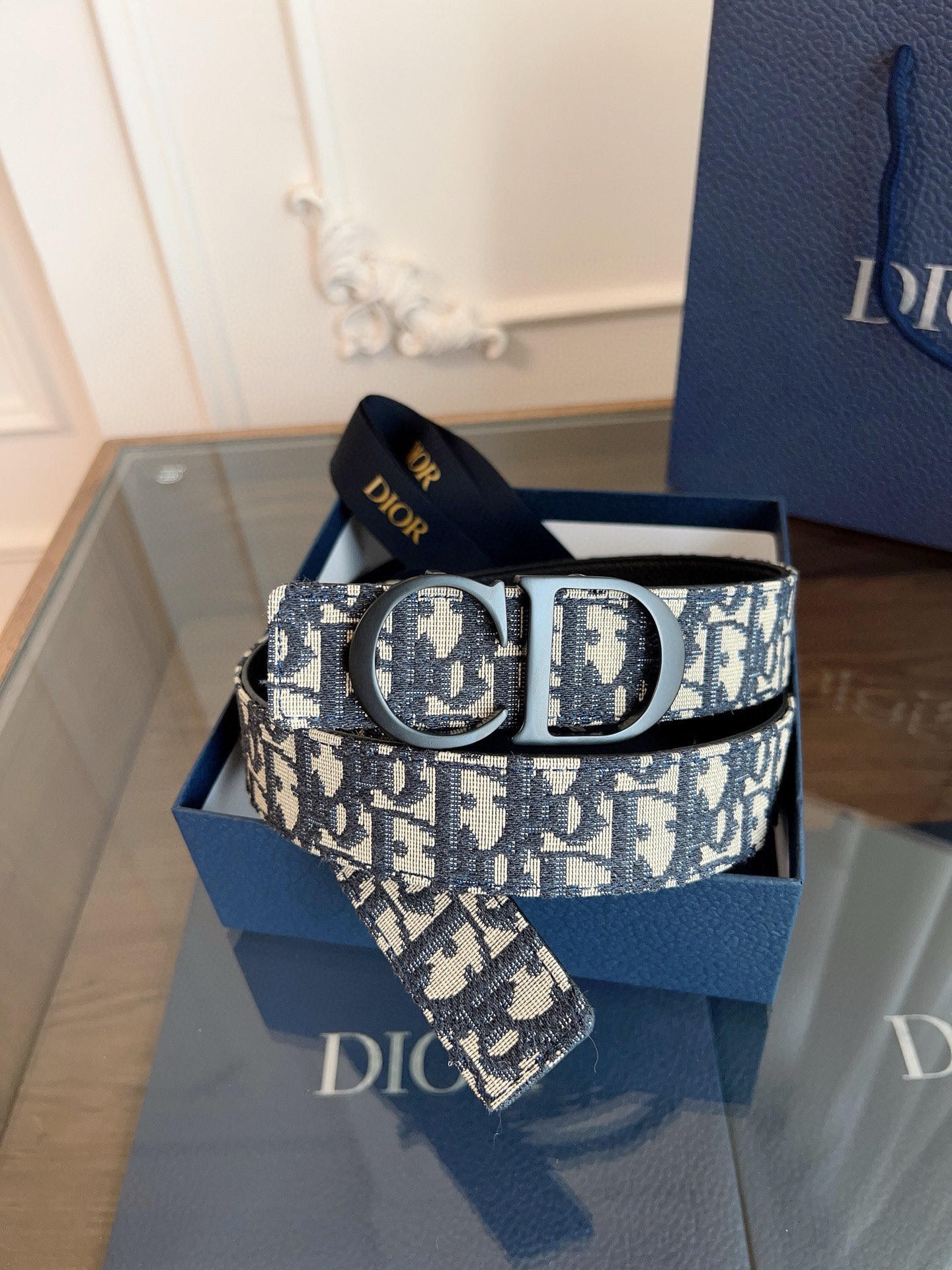 Dior Oblique Blue Cloth Black Cowhide Leather Strap 3.5cm Wide