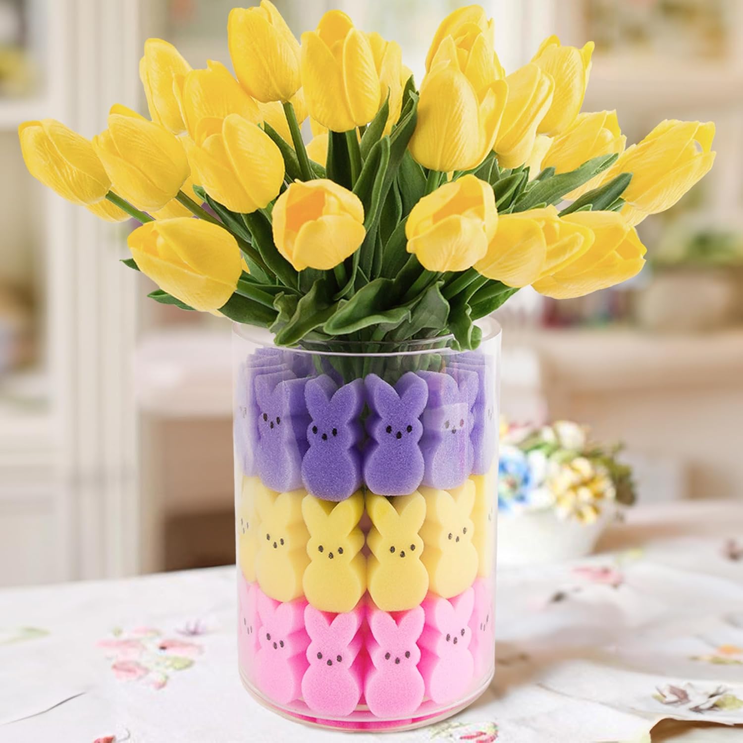 🔥On Sale🔥Easter Sponge Bunnies Vase Filler with Artificial Tulips Flowers