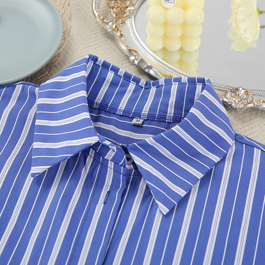 Spring Summer Striped Printed Loose Long Sleeves Shorts Pajamas Suit Homewear Women