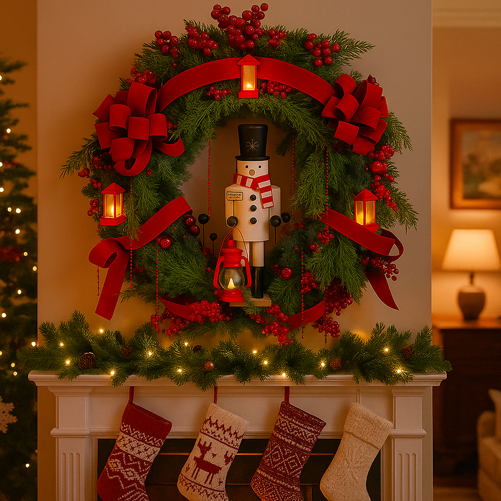 💥ON SALE💥Christmas Wreath with Snowman Figurine and LED Lanterns🎄✨