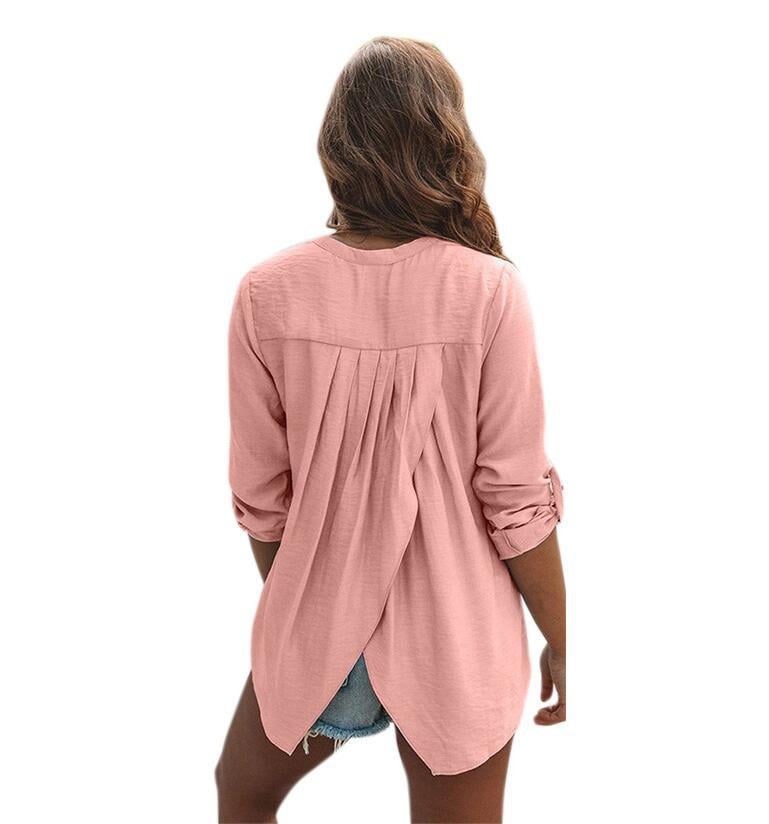 Women Blouse V Neck Shirts Ladies Plain Work Long Sleeve Tops Pleated Casual