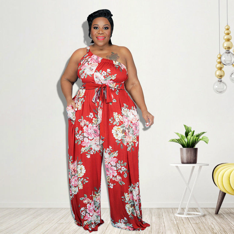 Plus Size Women Clothing Summer Large Floral Printing Casual Jumpsuit
