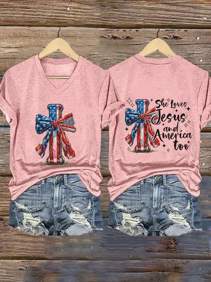 Women's She Loves Jesus And America Too Print V-Neck T-Shirt