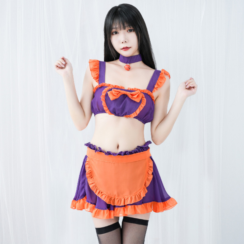 Pumpkin Small Bell Bow Decor Chiffon Maid Lingerie Set